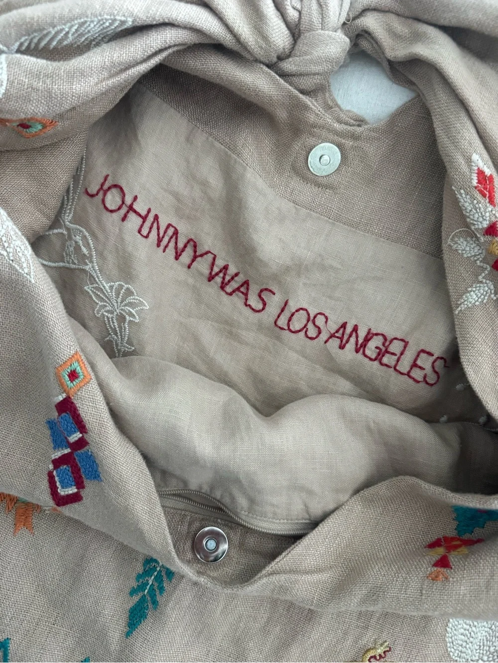 Johnny Was SAGUARO Los Angeles Aztec Linen Knot Tie Bag Purse